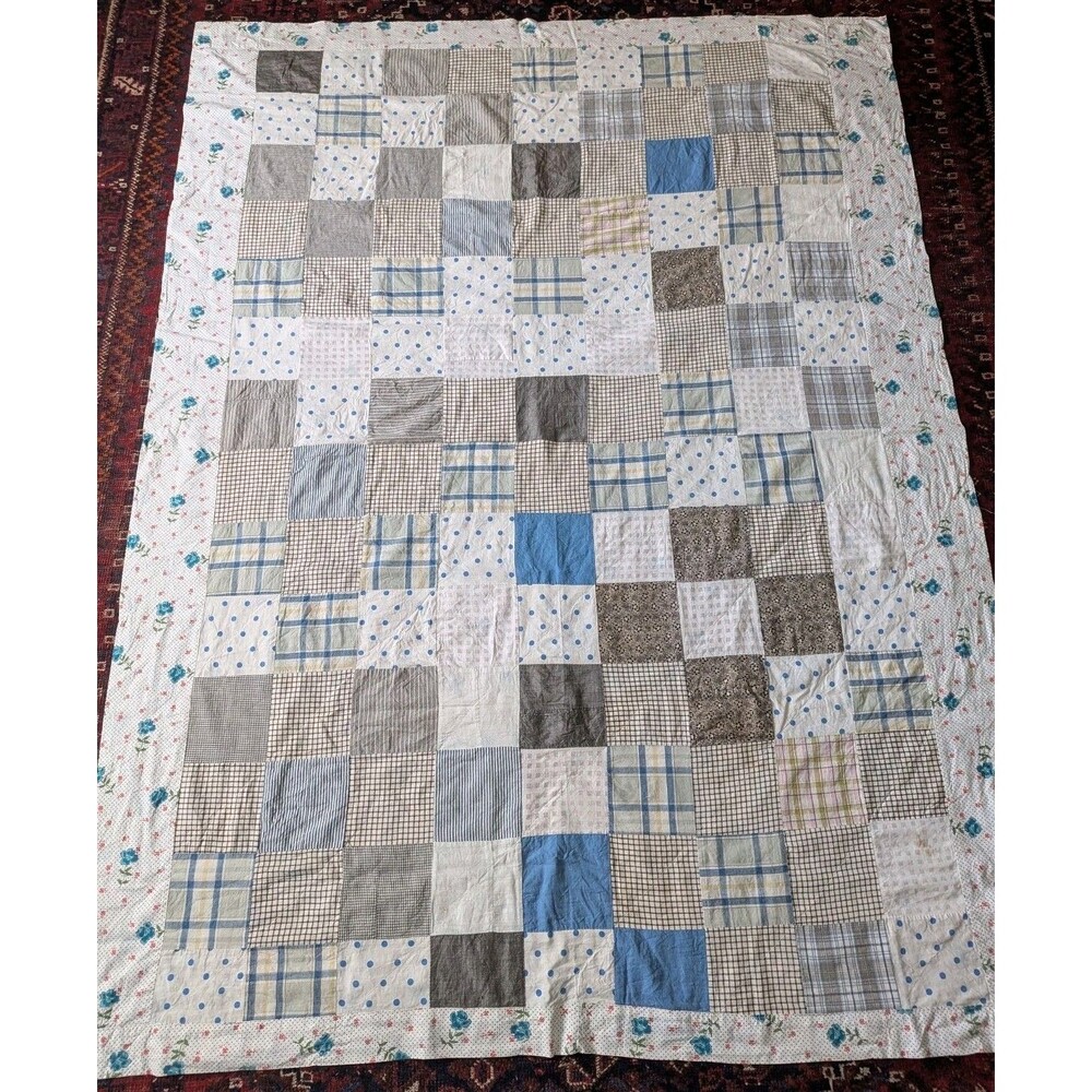 Vintage Handmade Patchwork Coverlet Bedspread No Fill Blue Brown Minimal Cottage